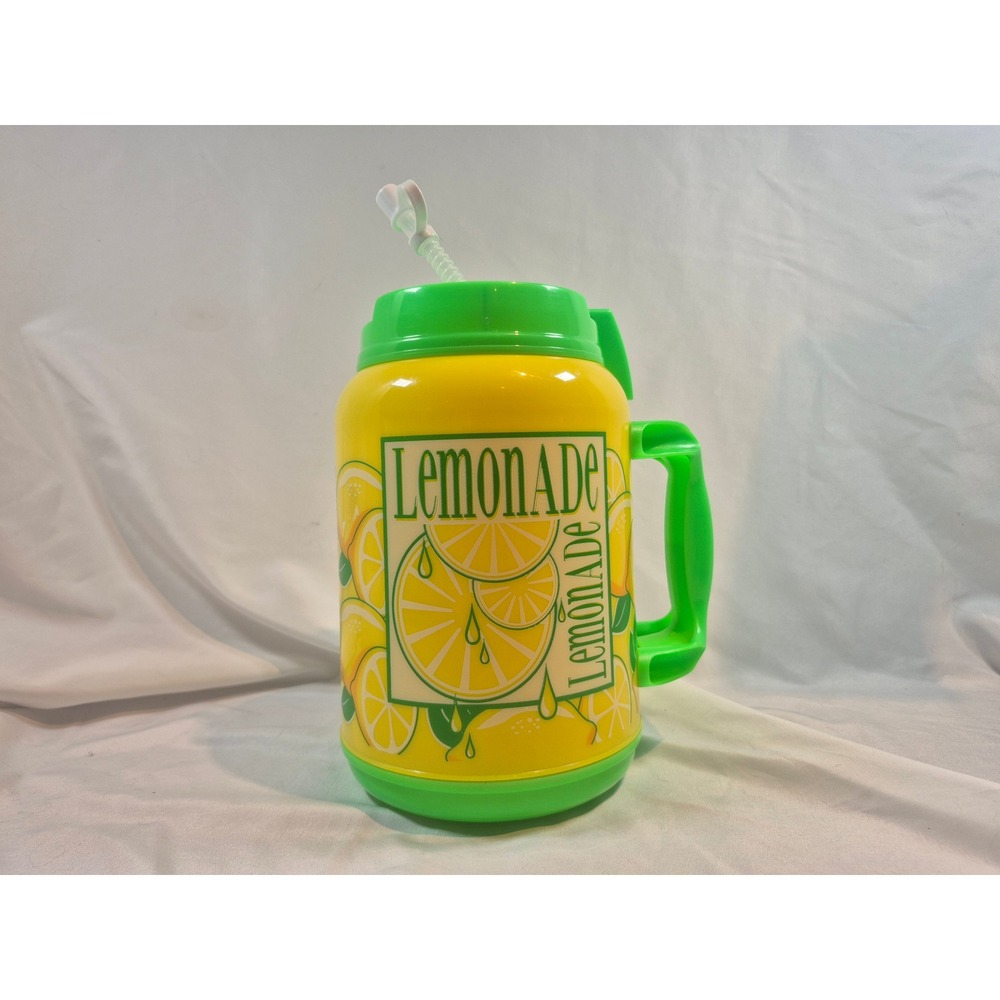 64 Fl Oz Whirley Yellow Lemonade Insulated Plastic Mug Jug with Handle & Straw